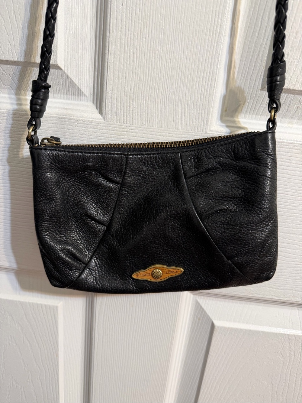 Elliott Lucca Black Leather Braided Strap Crossbody Bag